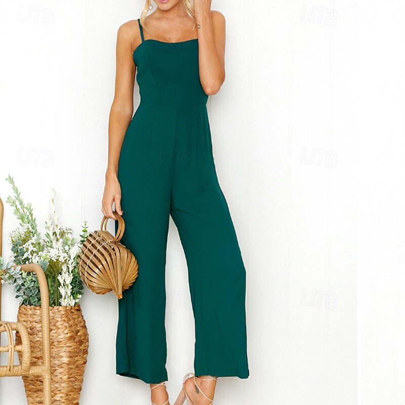 Dame Normal Kjeledresser Aktiv Helfarge Ermeløs Bred Bukseben Firkantet hals Daglig Feriereise Normal Svart Gul Vin Sommer 2026 - $21.99 –P2