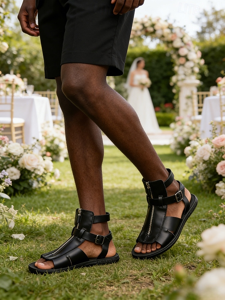 Men's Black Faux Leather Open-Toe Sandals, Buckle Strap Design, Comfortable Support, Casual Elegant Style for Beach Wedding Guests 2026 - $42.99 –P2