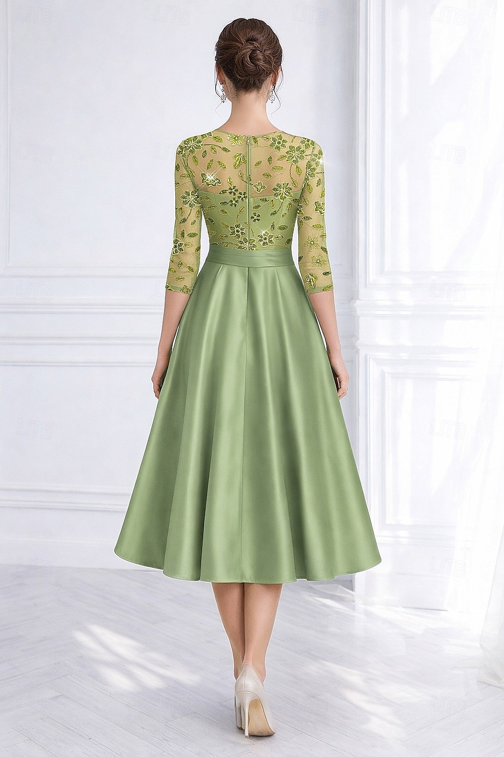 Linea ad A Lunghezza Tè Perline ricamate Abito Formale Abito da madre della sposa Abiti da Cocktail Abiti per invitati a matrimoni Elegante Pastello Manica 3/4 Scollo a Barca Formale Cocktail party del 2026 a $197.99 –P3