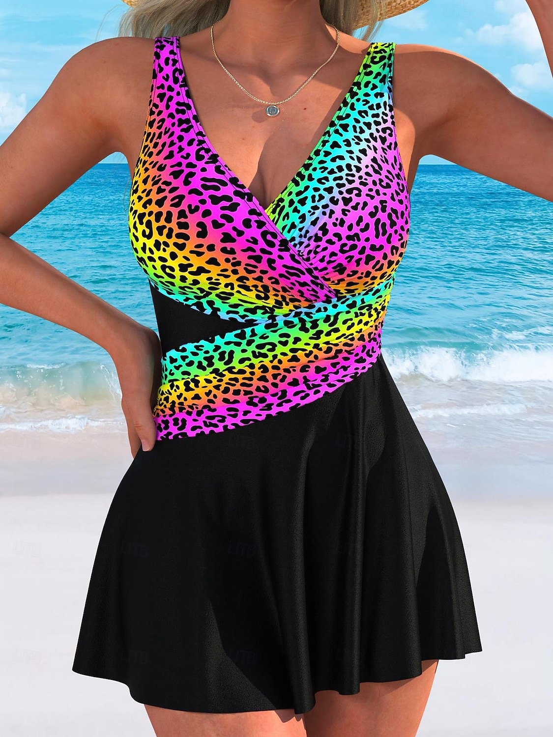 Women's Swimwear One Piece Monokini Swim Dress Swimsuit Tummy Control High Waist Slim Backless Vacation Beach Wear Leopard Color Block V Neck Sleeveless Bathing Suits 2026 - $36.99 –P9