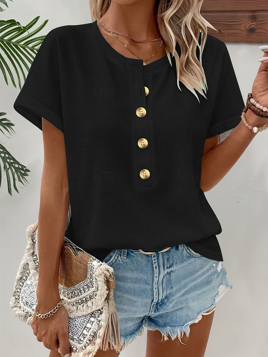 Women's T Shirt Tee Top Buttons Plain Fashion Stylish Classic Short Sleeve Crew Neck Regular Tops Daily Going out Weekend Blue Black Red Summer Spring 2026 - $24.99 –P1