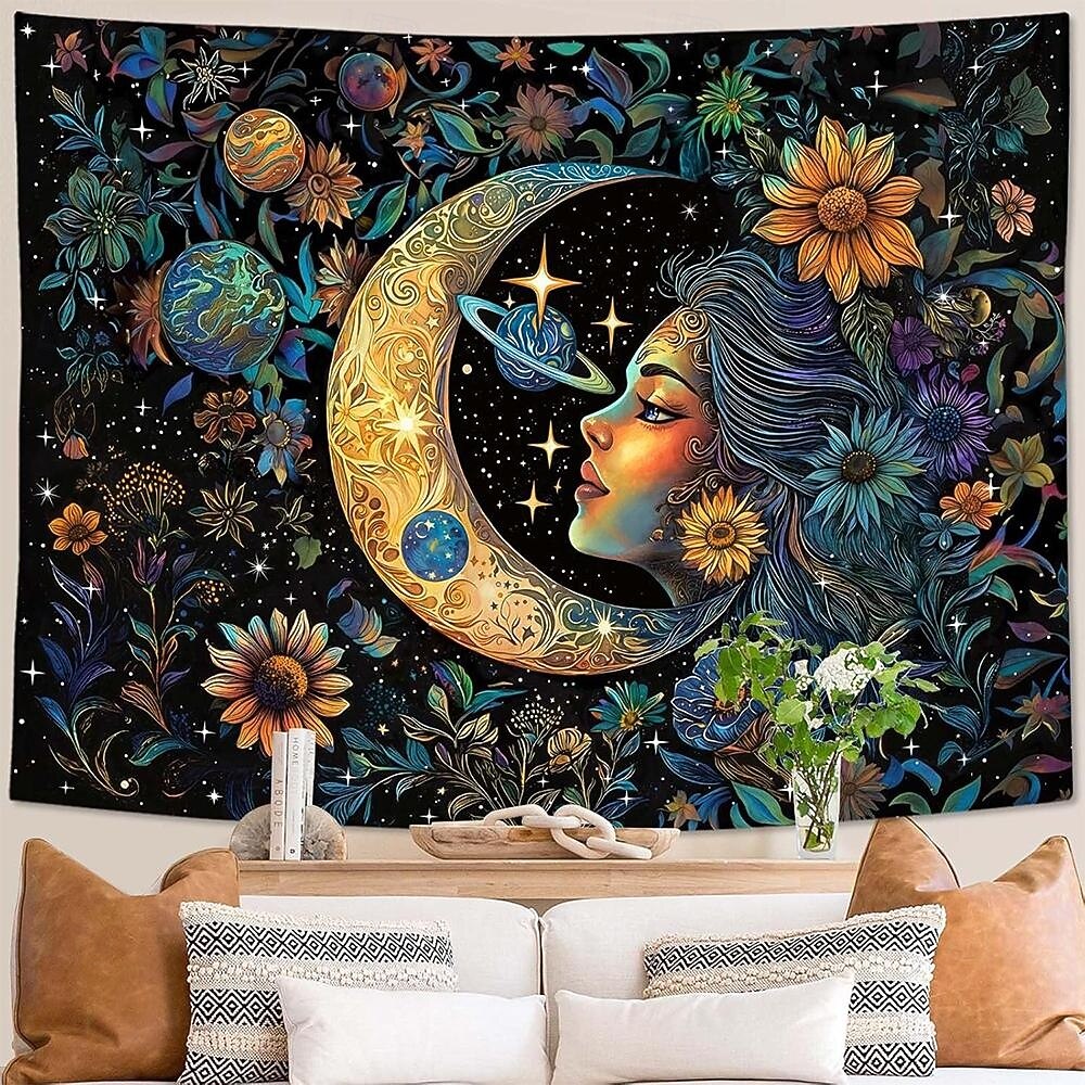 Gobelín slunce a měsíc na zeď, nebeské květiny, slunečnice, růže, boho hippie nástěnné umění do ložnice, obývacího pokoje, jógy, meditační dekorace 2026 - $19.99 –P7