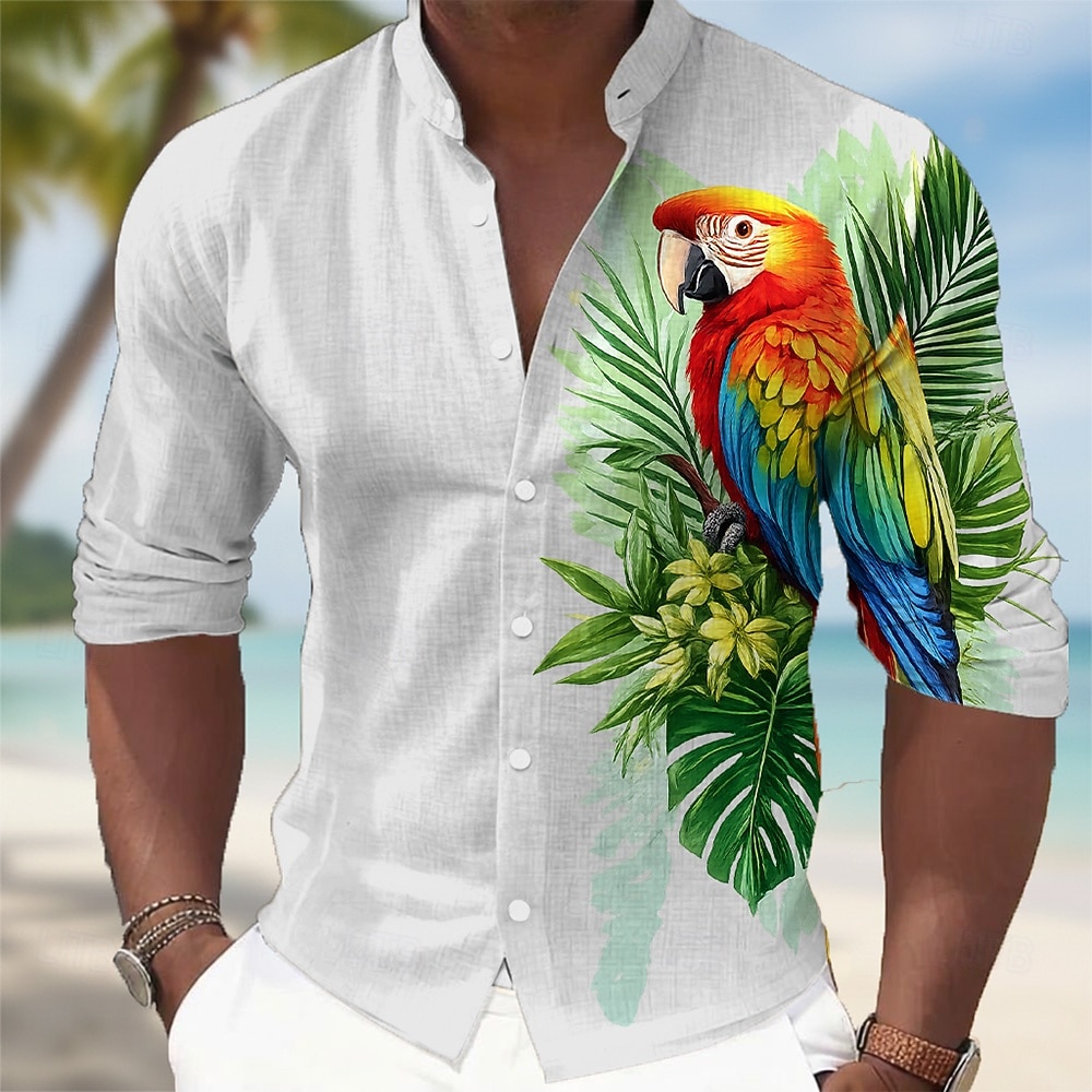Men's Tropical Flowers Parrot Palm Leaf Shirt Hawaiian Shirt Stand Collar Shirt Long Sleeve Hawaiian Casual Vacation Spring Fall Mandarin Collar Band Collar 3D Print Button Up Shirts Blue Khaki Light 2026 - $27.99 –P1