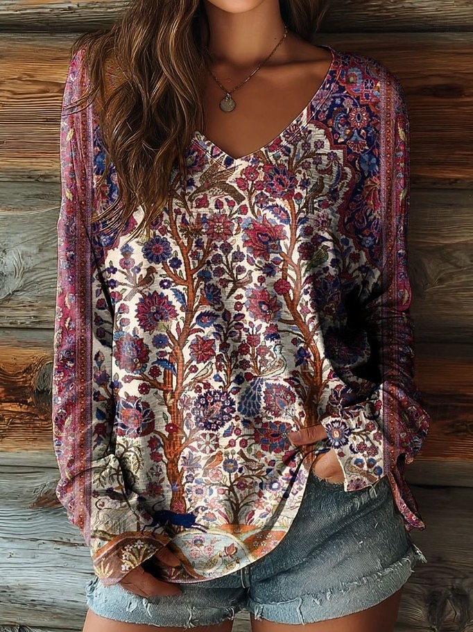 Damen Boho T-Shirt Floral Grafisch Pflanzen Vintage Stilvoll Lässig Langarm V-Ausschnitt Reguläre Oberteile Täglich Wochenende Druck Blau-Schwarz Rot Braun Sommer Frühling 2026 - $24.99 –P1