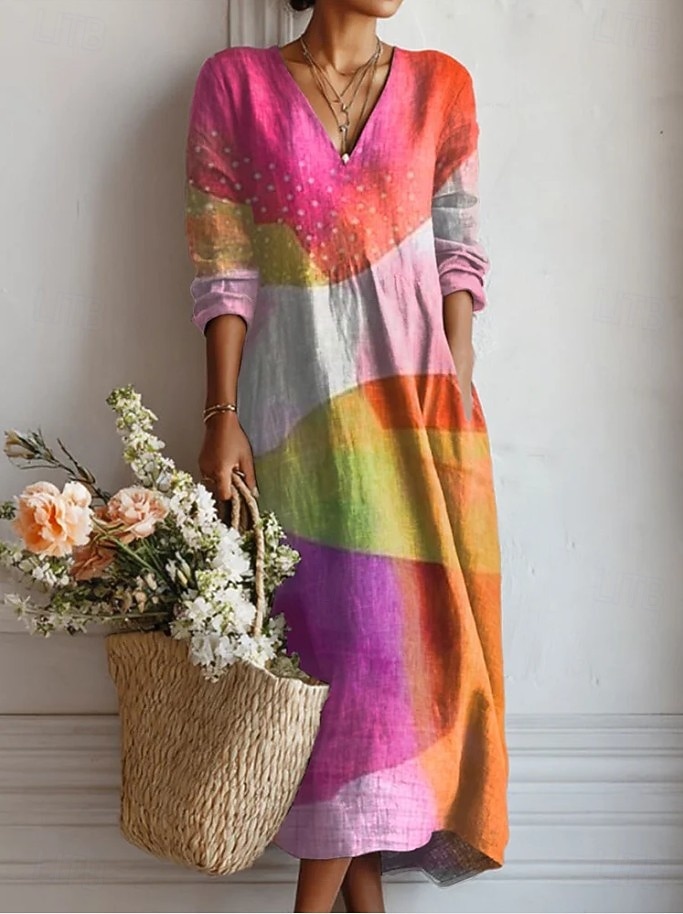 Vestido Midi Feminino Estilo Linho Vestido Em A Vestido de Praia Casual Boho Férias Ajuste Solto Gráfico Geométrico Bloco de Cores Manga Longa Decote em V Azul Rosa Roxo Laranja Verão Primavera de 2026 por $43.99 –P2
