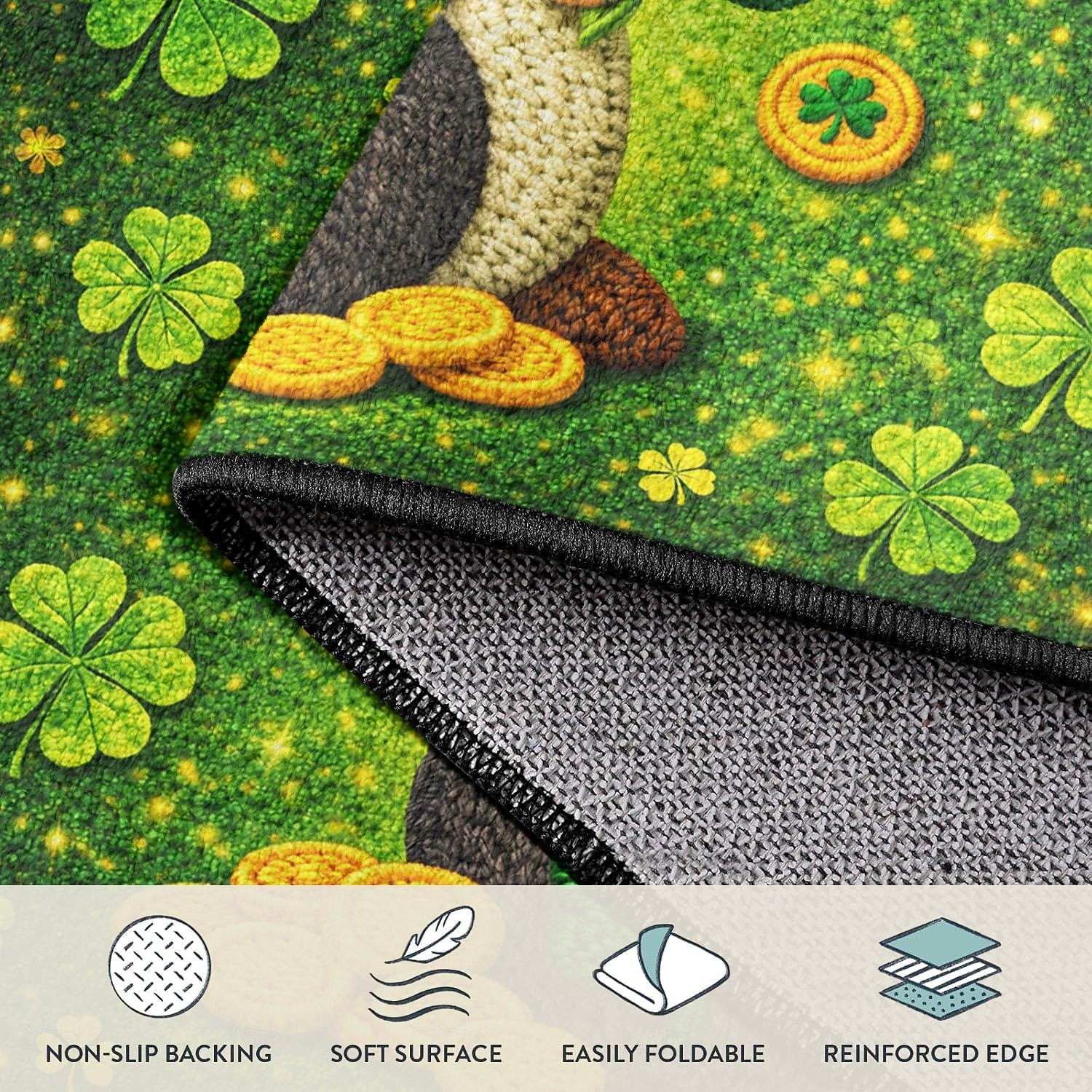 St Patrick's Day Doormat 2D Flat Print Design Featuring Gnome with Pot of Gold and Shamrocks on Sparkling Green Background 2026 - $10.49 –P3