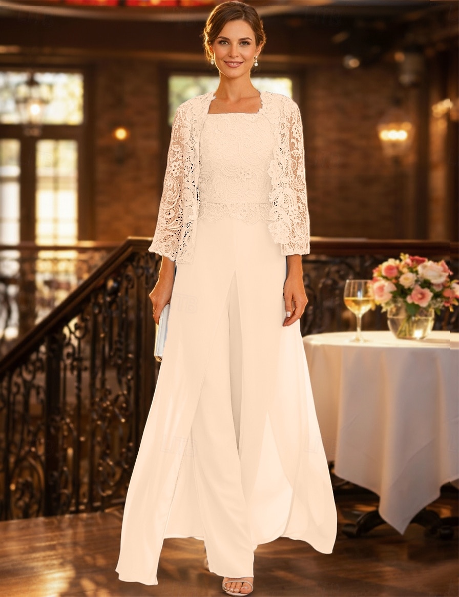 Jumpsuit Pantsuit Floor Length Mother of the Bride Dress Sleeveless Square  Neck Elegant Wrap Included Formal Wedding Guest Wedding Party Chiffon Lace  Wrap Included with Appliques 2026 - CHF133