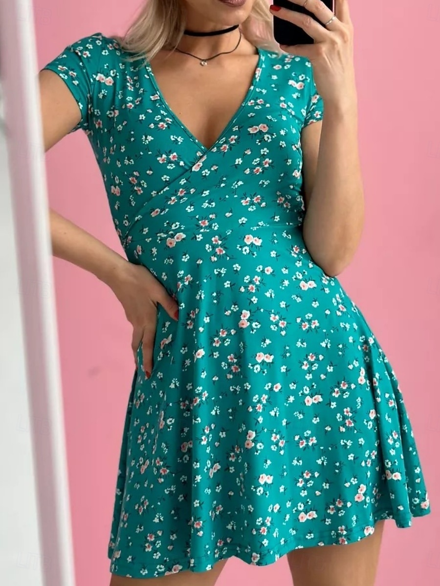 Per donna Abito maxi Abito a trapezio Vacanza Casual All'aperto Uscire Vestibilità regolare Floreale Grafico Manica Corta Scollo a V Nero Bianco Marrone Verde Estate Primavera del 2026 a $21.99 –P14