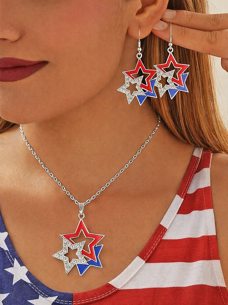 ציון הדרך של 250 שנה של ארצות הברית - סט תכשיטים לאומיים לנשים כולל שעון עם עגילים בעיצוב גבישי אדום-לבן-כחול מצעד וחגיגות 2026 - $9.99 –P2