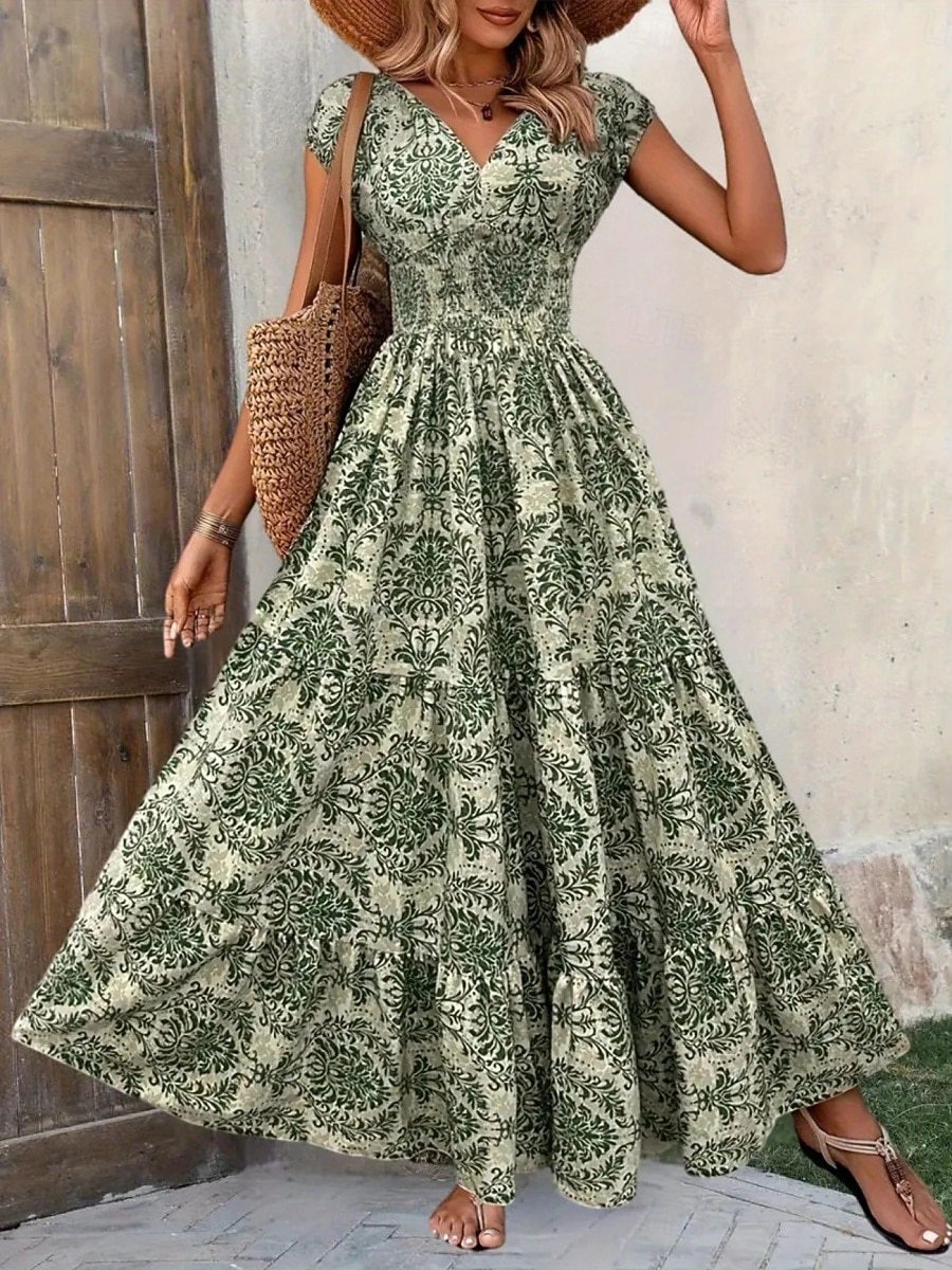 Per donna Abito lungo maxi Abito Lungo Maxi Abito Abito da Spiaggia Abito Floreale Abito Boho Elegante Moda Moderno Quotidiano All'aperto Vacanza Vestibilità regolare Floreale Manica Corta Scollo a V del 2026 a $22.99 –P6