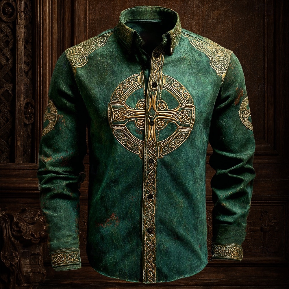 חולצת צלב קלטית של סנט פטריק לגברים Button Up Long Sleeve Vintage Retro Party Holiday Spring Fall Turndown עם חולצת בד דומה ללינן ירוק 1 ירוק 2026 - $27.99 –P2