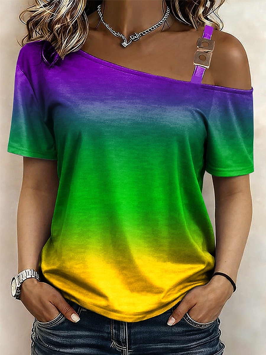 Mardi Gras Dámské Tričko Grafika Tropický vzhled Havajské stylové Krátký rukáv Asymetrický krk Crop Tops Svatba na pláži Denní Sport Bílá / černá Bílá Žlutá Světle zelená Fialová Léto Jaro 2026 - $21.99 –P4