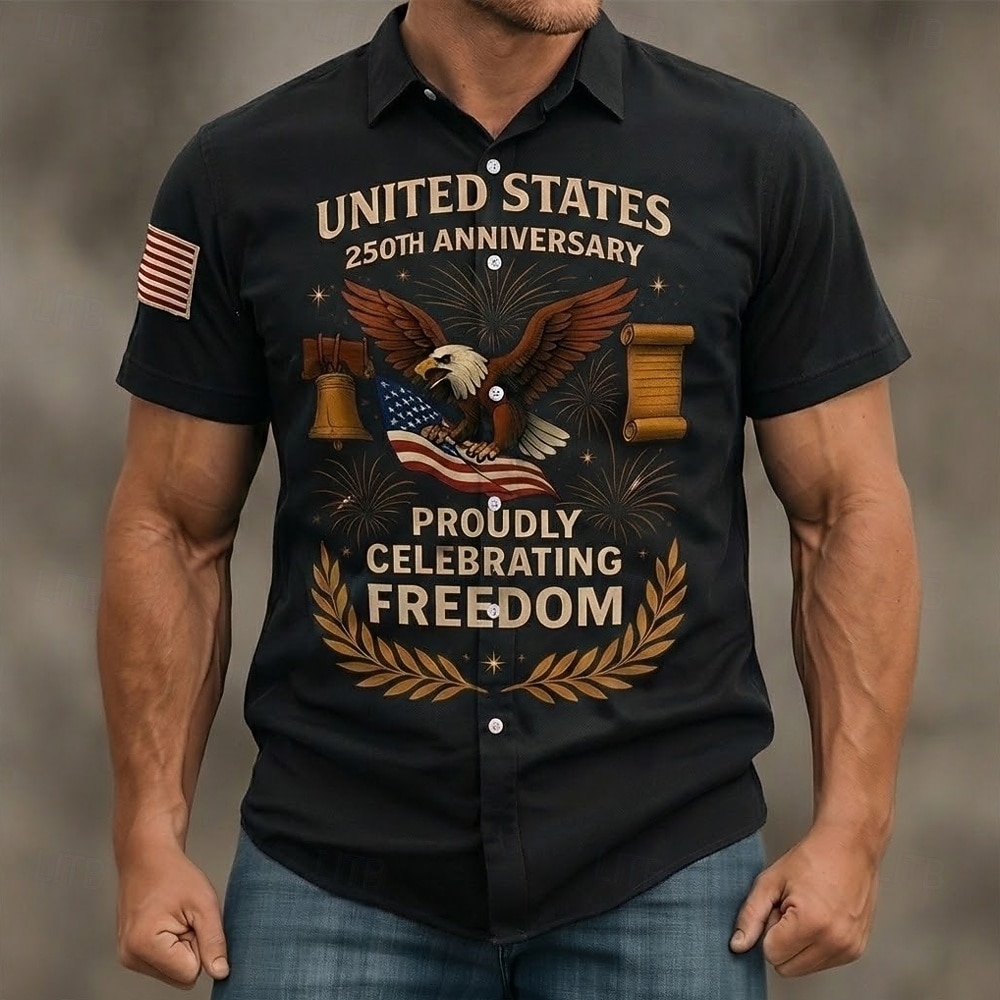 Herre 4. juli USAs 250-årsjubileum Ørn FREEDOM Skjorte Skjorte med knapper Kortermet Patriotisk utendørs Ferie Sommer Vår Aftæpning 3D-utskrift krage skjorter Svart Vin Mørkeblå 2026 - $25.99 –P1