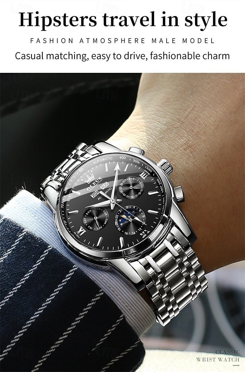 Montre homme Olevs neuve, élégante et fonctionnelle, avec affichage des phases de la lune, du calendrier, de l'heure sur 24 heures et du jour de la semaine. Montre mécanique automatique multifonctions de 2026 ? $121.99 –P17