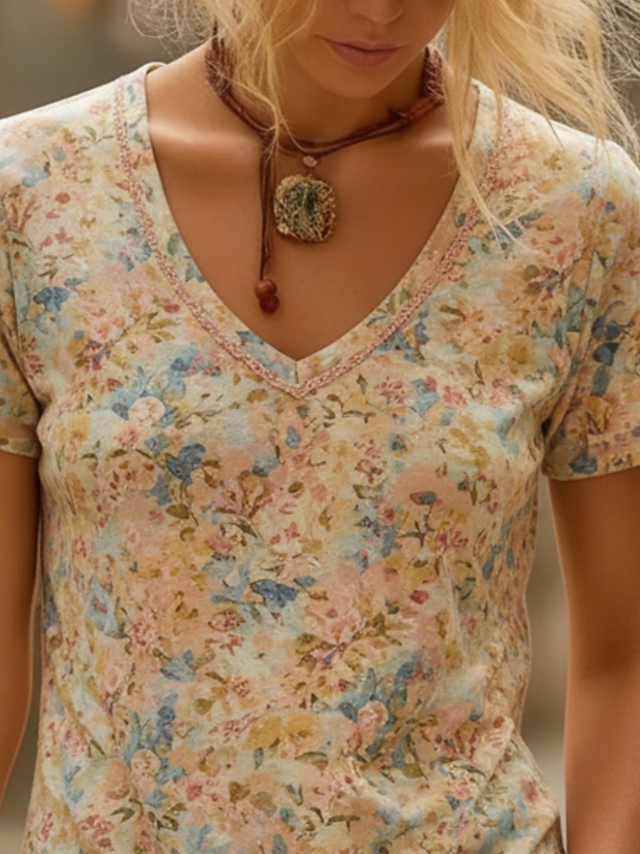 Women's Boho Shirt T Shirt Print Floral Graphic Bohemia Vintage Casual Short Sleeve V Neck Long Tops Daily Pink Sky Blue Khaki Summer Spring 2026 - $26.99 –P5