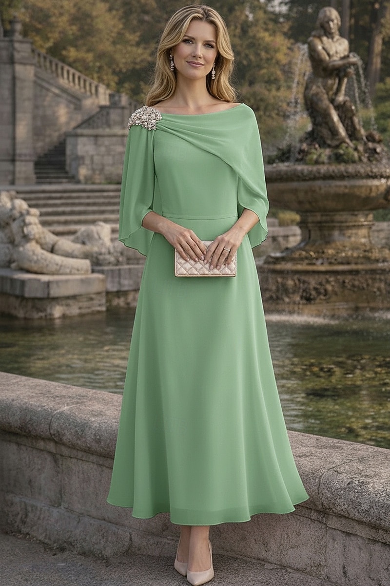 Linha A Até o Tornozelo Vestido de convidada de casamento Vestido formal Vestido de noite Vestido Para Mãe dos Noivos Sem Manga Meia Manga Decote Canoa Elegante Vintage Formal Chiffon com Detalhes em de 2026 por $148.99 –P5
