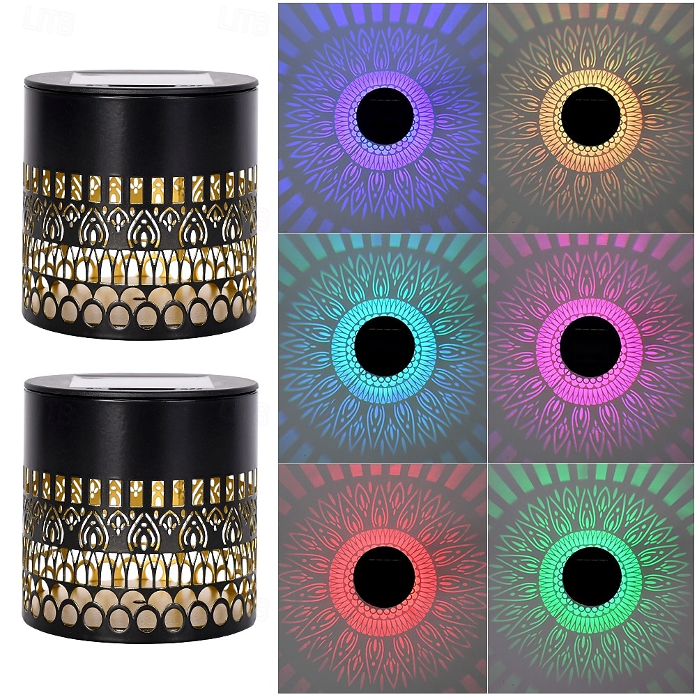 2 ks venkovní solární vodotěsné kreativní duté válcové železné projekční nástěnné osvětlení, závěsné lucerny pro zahradu, dvůr, cestu, trávník, schodiště, krajinářské osvětlení, venkovní dekoraci 2026 - $30.99 –P17