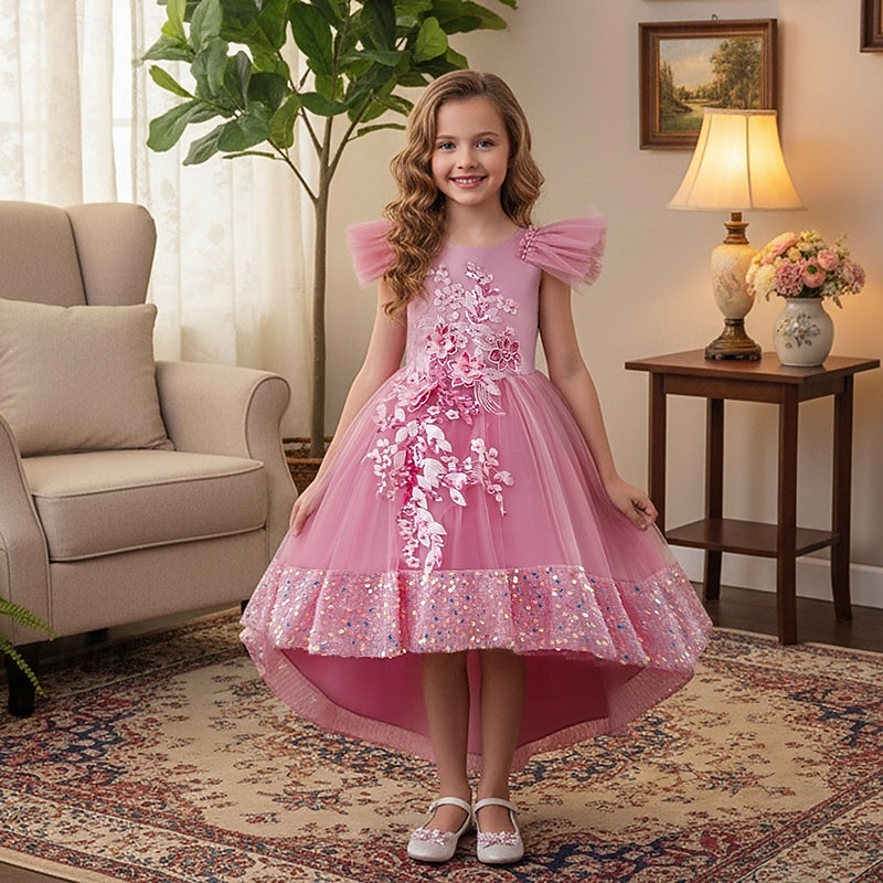 Blumenmädchenkleid Mädchen Formelle Kleidung Hochzeitskleidung Party Hochzeit Formell Prinzessin Kleid für die Erstkommunion Pailletten Patchwork Einfarbig Kurze Ärmel Rundhalsausschnitt Blau Rosa Ab 2026 - $52.99 –P7