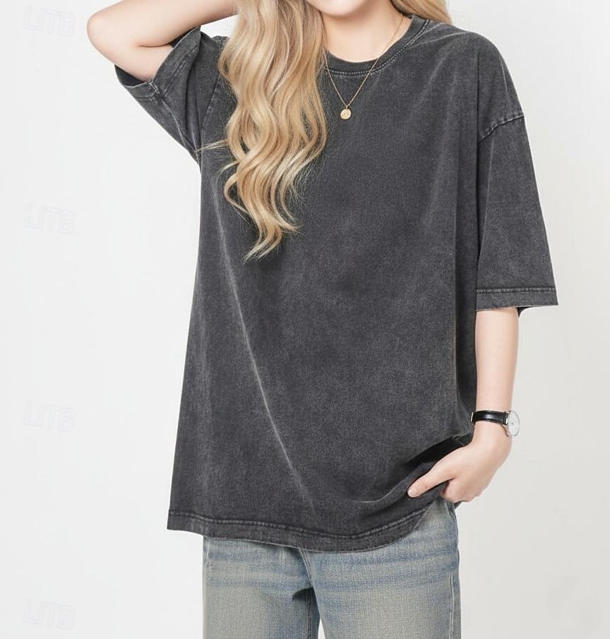 Tricou oversized pentru femei din 100% bumbac bluze vintage spălate stilat casual mânecă scurtă guler rotund bluze regulare de zi cu zi ieșiri negru vară primăvară 2026 - $26.99 –P5