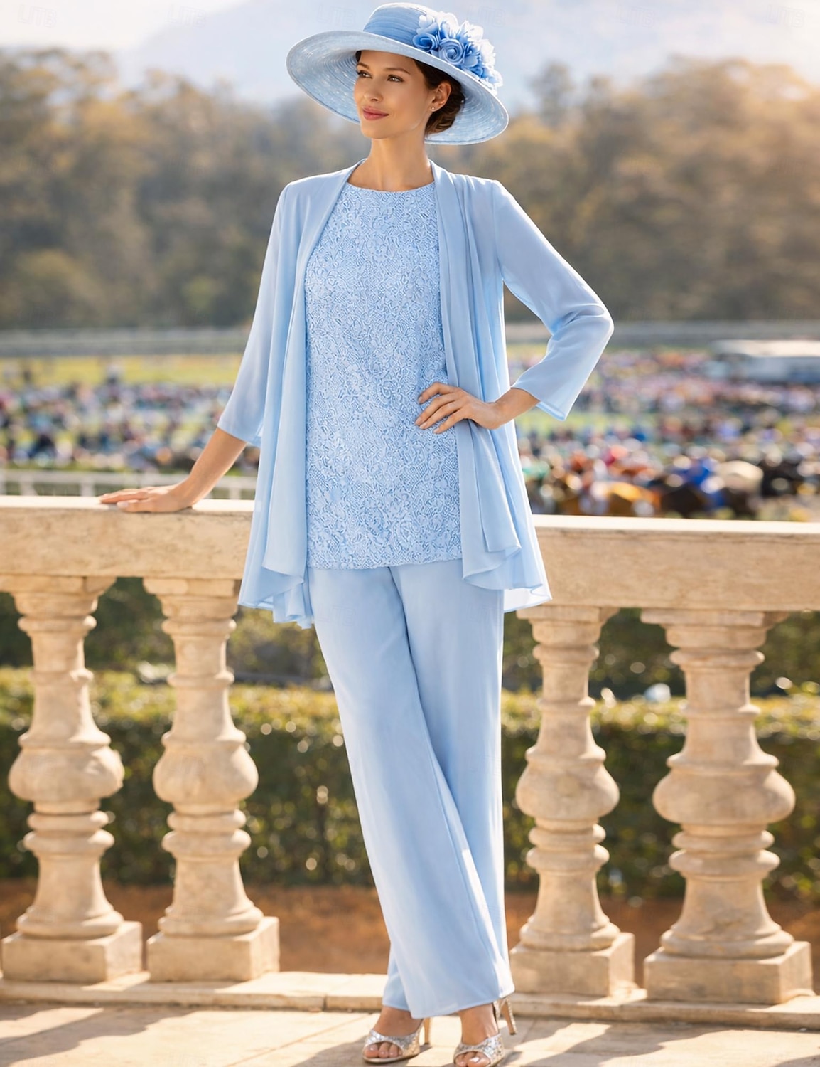 3-delt buksedress gulvlang mor til bruden kjole langermet rund hals elegant formell brudgjest med perler 2026 - $125.99 –P3