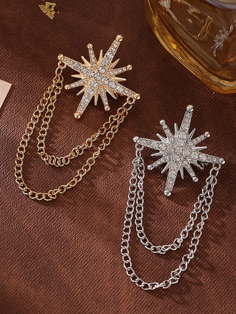 Broche masculino em liga de ouro e prata com design elegante e vintage, com cristal em formato de estrela e corrente dupla. Ideal para noivos, casamentos, Dia dos Namorados, festas formais e eventos noturnos. de 2026 por $7.99 –P4