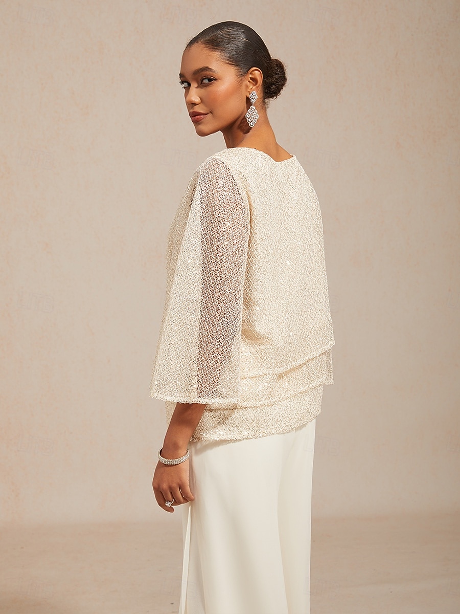 Women's Blouse Lace Tops Sequins Illusion Solid Color Elegant 3/4 Length Sleeve Bell Sleeve Crew Neck Daily Wedding Guest Vacation Wear Beige Summer Spring Fall 2026 - E£4427.73 –P5