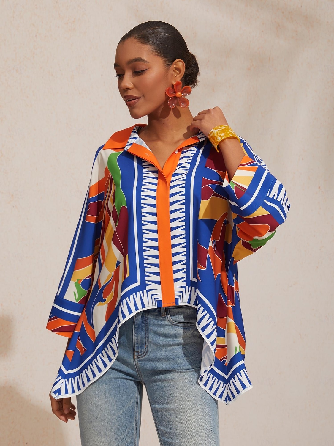 camicia corta in raso con maniche a pipistrello e stampa geometrica a blocchi di colore per le vacanze del 2026 a $67.99 –P5