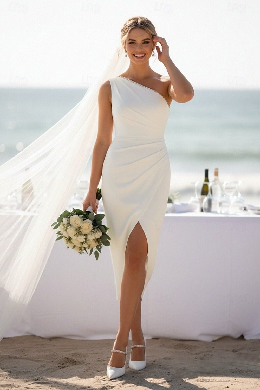 one shoulder bridal shower dress White Midi Civil Wedding Dress, Asymmetrical Neckline Slit Gown, Reception, Elopement, Rehearsal Dinner, Bridal Shower, Engagement