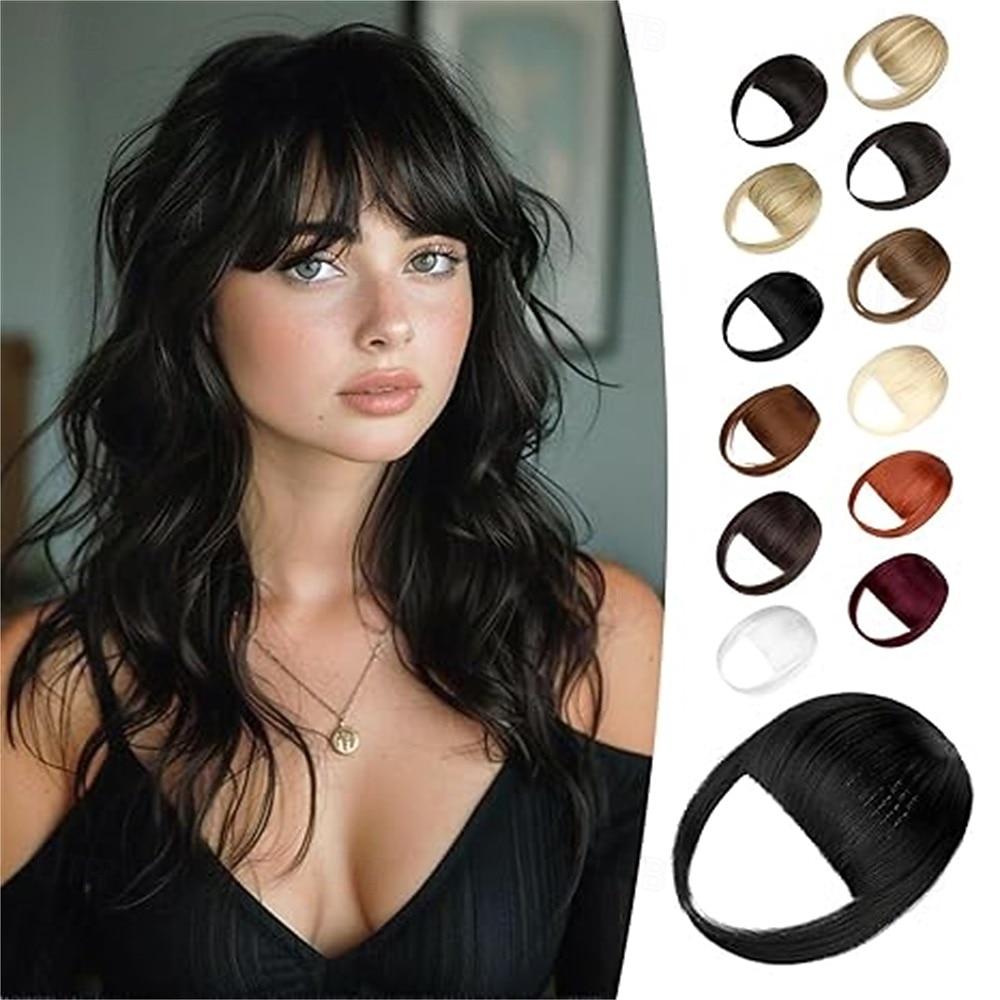 klipsiomainen otsatukka, luonnollinen feikkiotsatukka, mustanruskea ranskalainen otsatukka, otsatukka ohimoilla, naisten hiuslisäkkeet klipsiomainen otsatukka, hiustenpidennykset, kaareva otsatukka 2026 - $10.99 –P4