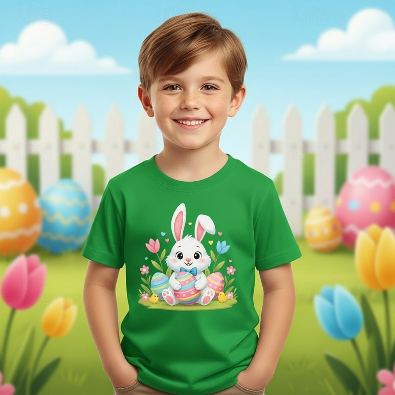 2026年 コットン１００％ イースター 子供 男の子 ブルー ブラック ホワイト グラフィック バニー Tシャツ ブラウス クルーネック 半袖 カジュアル 日常 アウトドア ファッション ストリートファッション デザイナー プリント 夏 春  コレクション – $19.99 –P3