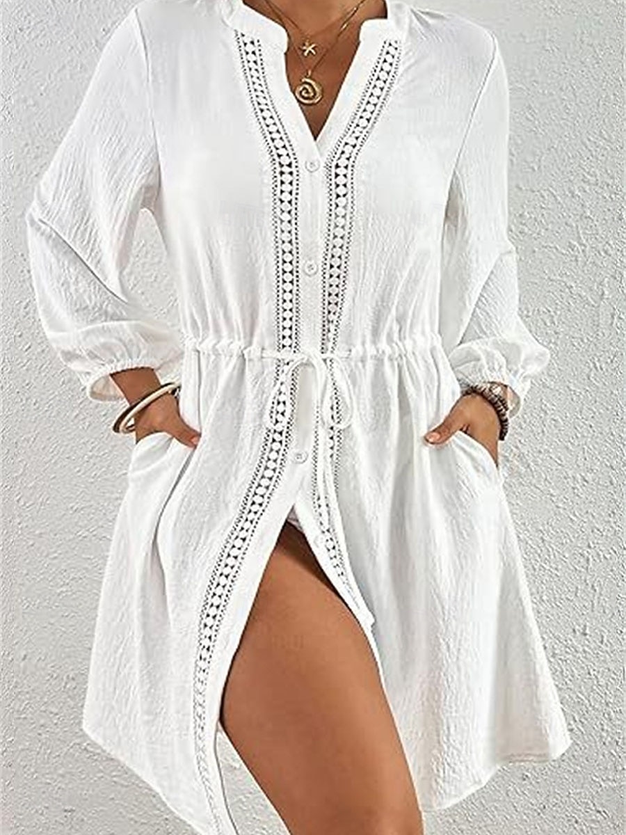 Mujer Vestido hasta la Rodilla Vestido blanco vestido de playa Vestido negro Tapadera Elegante Moda Clásico Manga de la linterna Diario Exterior Playa Holgado Plano Manga Larga Escote Chino Negro 2026 - $32.99 –P3