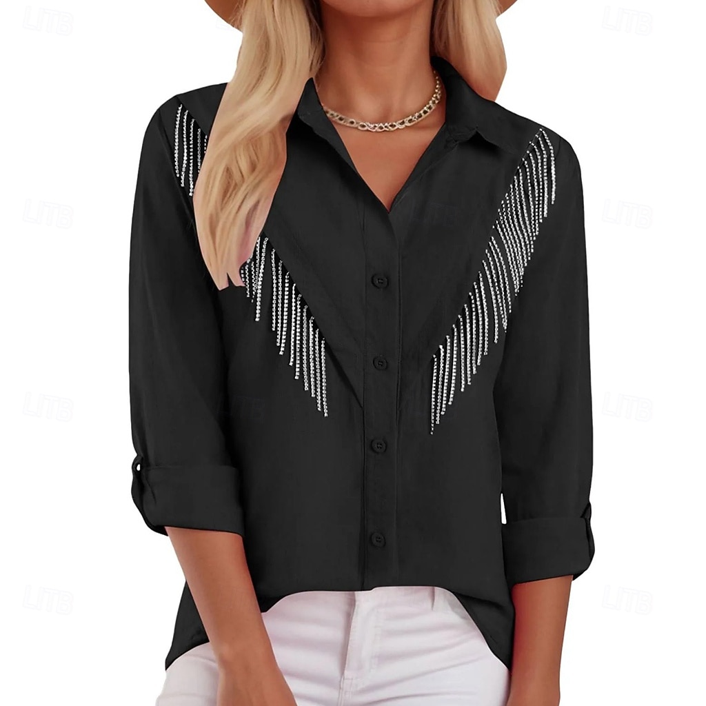 Damen Kleidhemd Knopfhemd Bluse Glitzer Knöpfe Strass Elegant Stilvoll Klassisch Langarm Umlegekragen Normale Oberteile Täglich Ferien Ausgehen Blau Schwarz Hellgrün Rosa Wein Sommer Frühling 2026 - $26.99 –P5