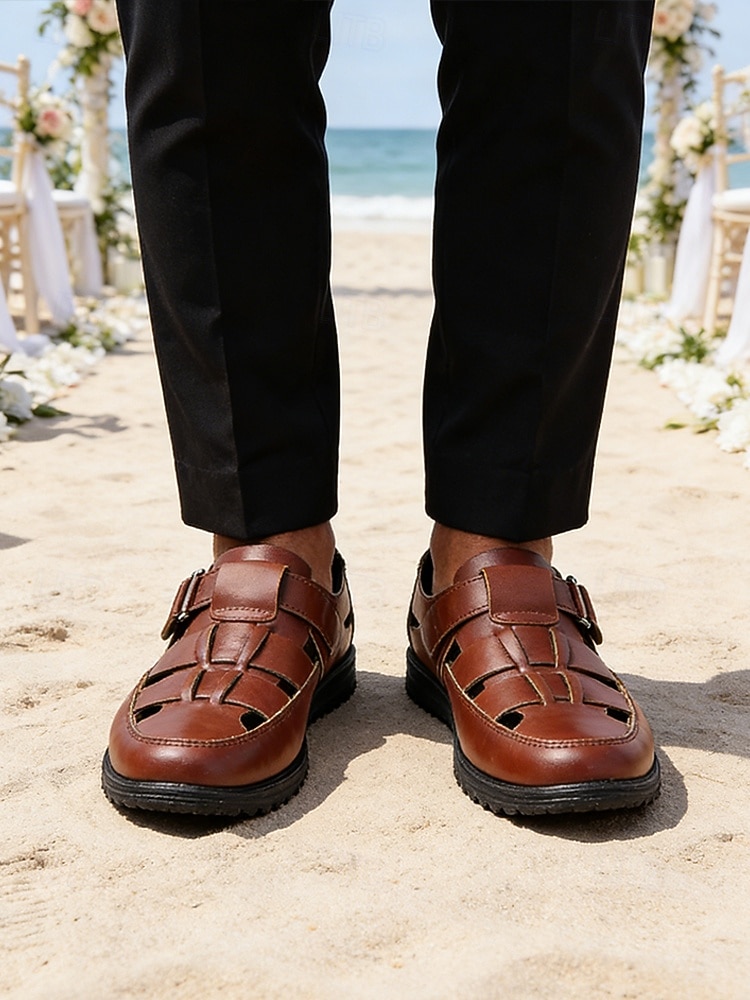 Men's Brown Faux Leather Sandals, Open Toe, Casual Wedding Shoes, Comfortable and Stylish Summer Wear 2026 - $32.99 –P3