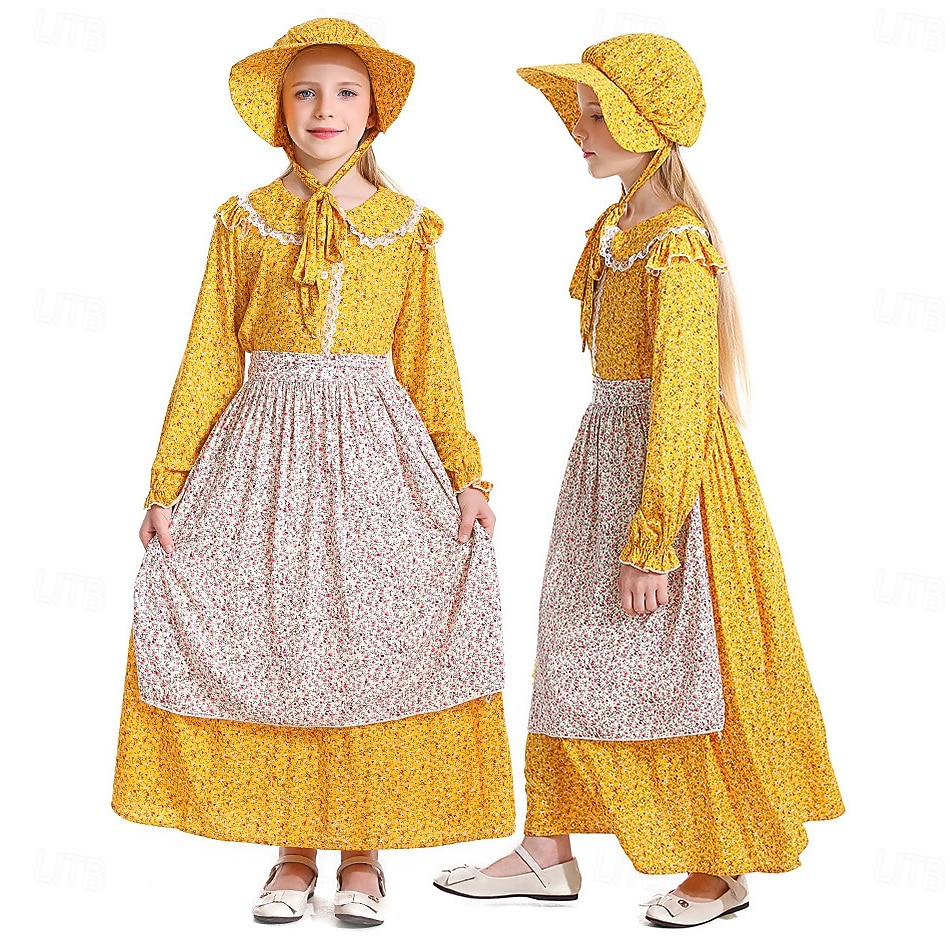 250e jubileum VS 19e eeuw jaren 1800 Prairiejurk Bonnet en schortset Lange Mouwen Pionier Meisje Koloniaal Pionier Onafhankelijkheidsoorlog Bloemig Kostuum Voor meisjes Halloween Carnaval 4 juli 2026 - $38.99 –P1