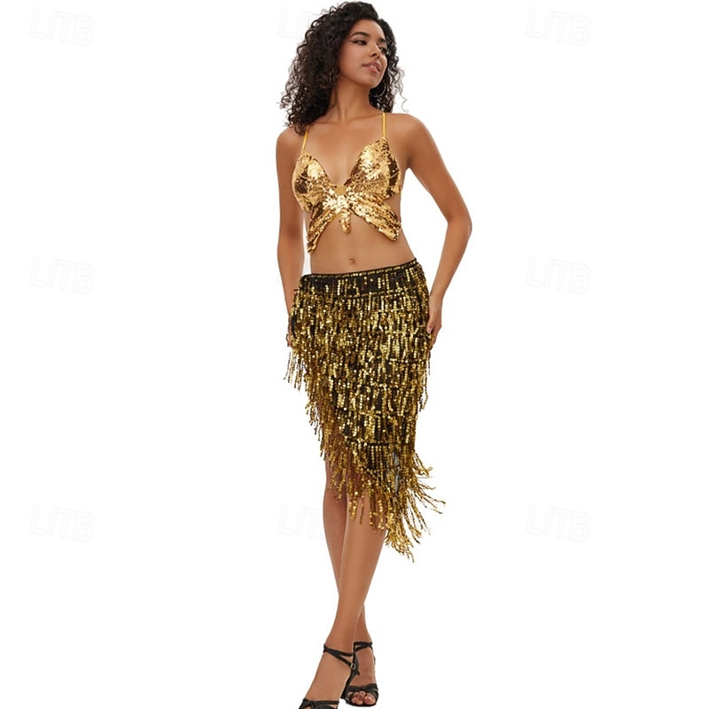 קרנבל 2026 ריו קרנבל בגדי ריקוד סמבה עם נצנצים נוצצים, חצאית מיני עם גדילים, תחפושת הופעה לפסטיבל ברזיל 2026 - $19.99 –P7