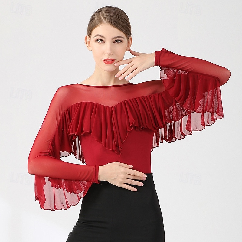 Top da ballo da sala da donna, maglia trasparente con volant e maniche a pipistrello, camicetta rossa per prove di valzer latino, performance moderna del 2026 a $70.99 –P3