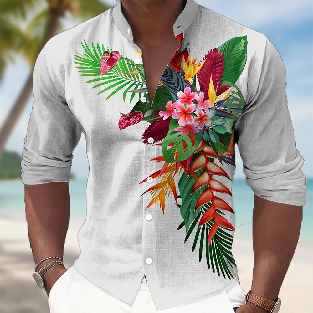 Herren Tropische Blumen Palmblatt Tukane Hemd Hawaiihemden Stehkragenhemd Langarm Hawaiianisch Lässig Urlaub Frühling Herbst Mandarinkragen Stehkragen 3D-Druck Hemden mit Knopfleiste Blau Weiß Khaki 2026 - $27.99 –P1
