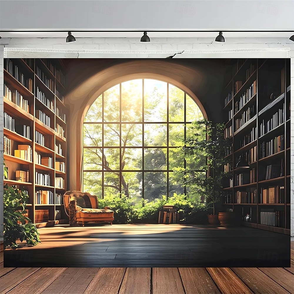 3D-bibliotekteppe veggteppe vintage bokhyllemønster stor stoffveggkunst buet vindu skogutsikt romdekor til stue/studie 2026 - $19.99 –P5