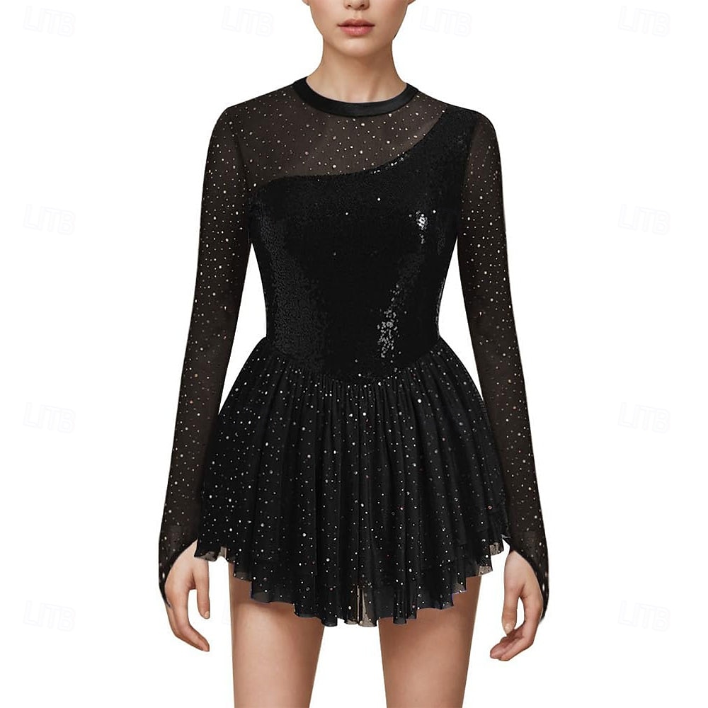 Figure Skating Dress Women's Ice Skating Dress Violet Navy Black Patchwork Thumbhole High Elasticity Training Competition Skating Wear Classic Crystal / Rhinestone Sleeveless Long Sleeve Ice Skating 2026 - $323.29 –P7
