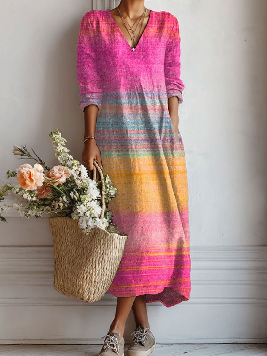 Women's Maxi Dress Linen Like Breathable Lightweight Sundress A Line Dress Vacation Casual Boho Holiday Regular Fit Floral Graphic Color Block Long Sleeve V Neck Yellow Pink Green Beige Summer Spring 2026 - $41.99 –P2