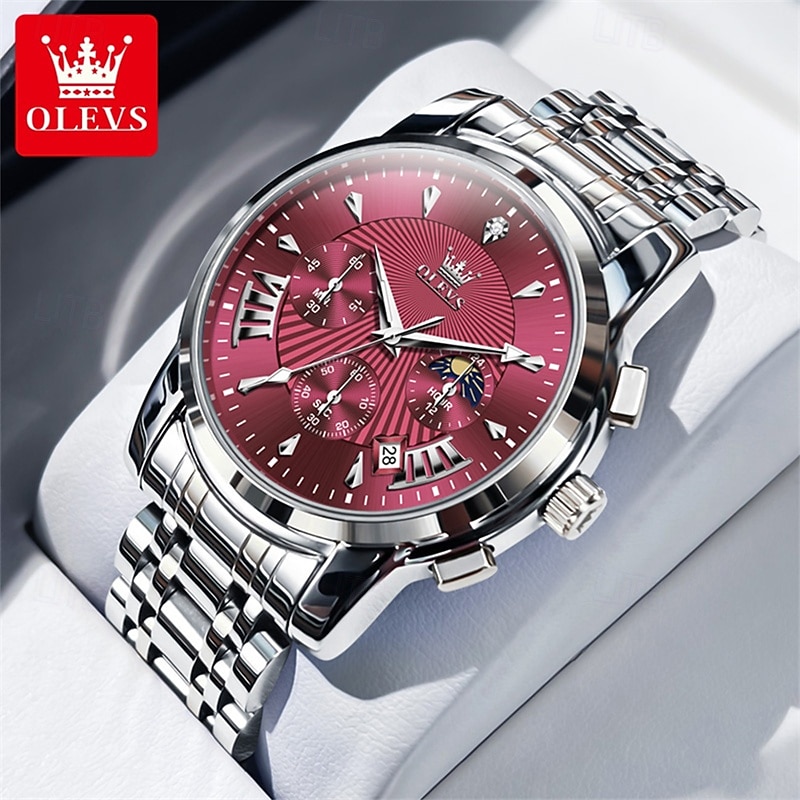 Nuovo orologio da uomo business del marchio olevs con calendario luminoso, fasi lunari, cronometro, orologio al quarzo multifunzionale e alla moda, orologio da polso da uomo casual, resistente del 2026 a $39.99 –P12