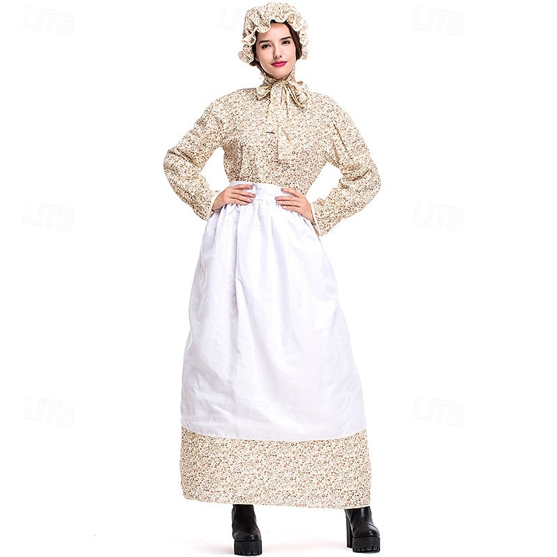 250º Aniversario de EE. UU. Siglo 19 década de 1800 Vestido de la pradera Conjunto de gorro y delantal Larga Chica pionera Colonial Pionero Guerra Revolucionaria Floral Disfraz Mujer Víspera de Todos 2026 - $44.99 –P5
