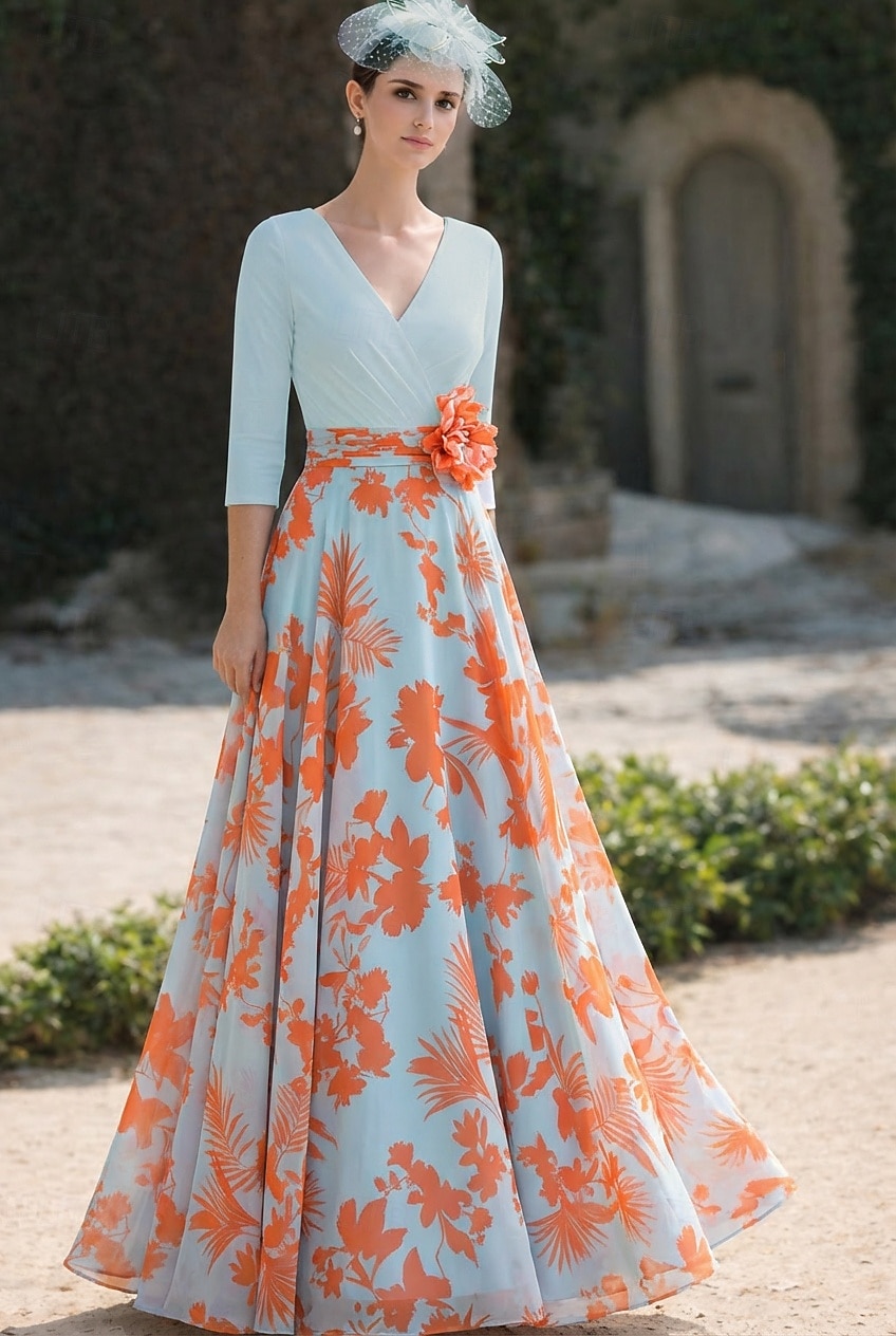 Linha A Vestidos Longo Vestido de convidada de casamento Vestido Para Mãe dos Noivos Manga 3/4 Decote V Elegante Vintage Simples Formal Chiffon com Estampa floral Franzido de 2026 por $182.99 –P1
