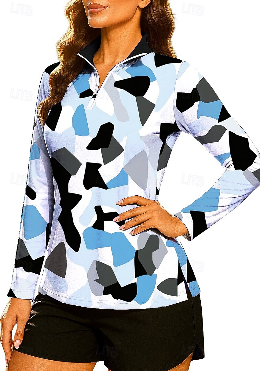Women's Geometric Tops Golf Polo Shirt Tennis Shirt Long Sleeve Print Quarter Zip Pullover UV Protection Elastic Breathable Tennis Golf Pickleball Stand Collar Zip Collar Shirt Sweatshirt Pink Blue 2026 - $25.99 –P4