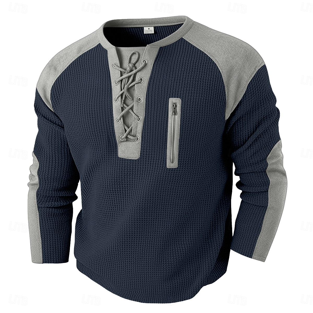 Hombre Camiseta con diseño de gofre Camiseta Manga Larga Escote Redondo cuello con cordones Otoño invierno Otoño Color sólido Bloque de color Tradicional / Retro Casual Correa Hogar Exterior Deporte 2026 - $24.99 –P4