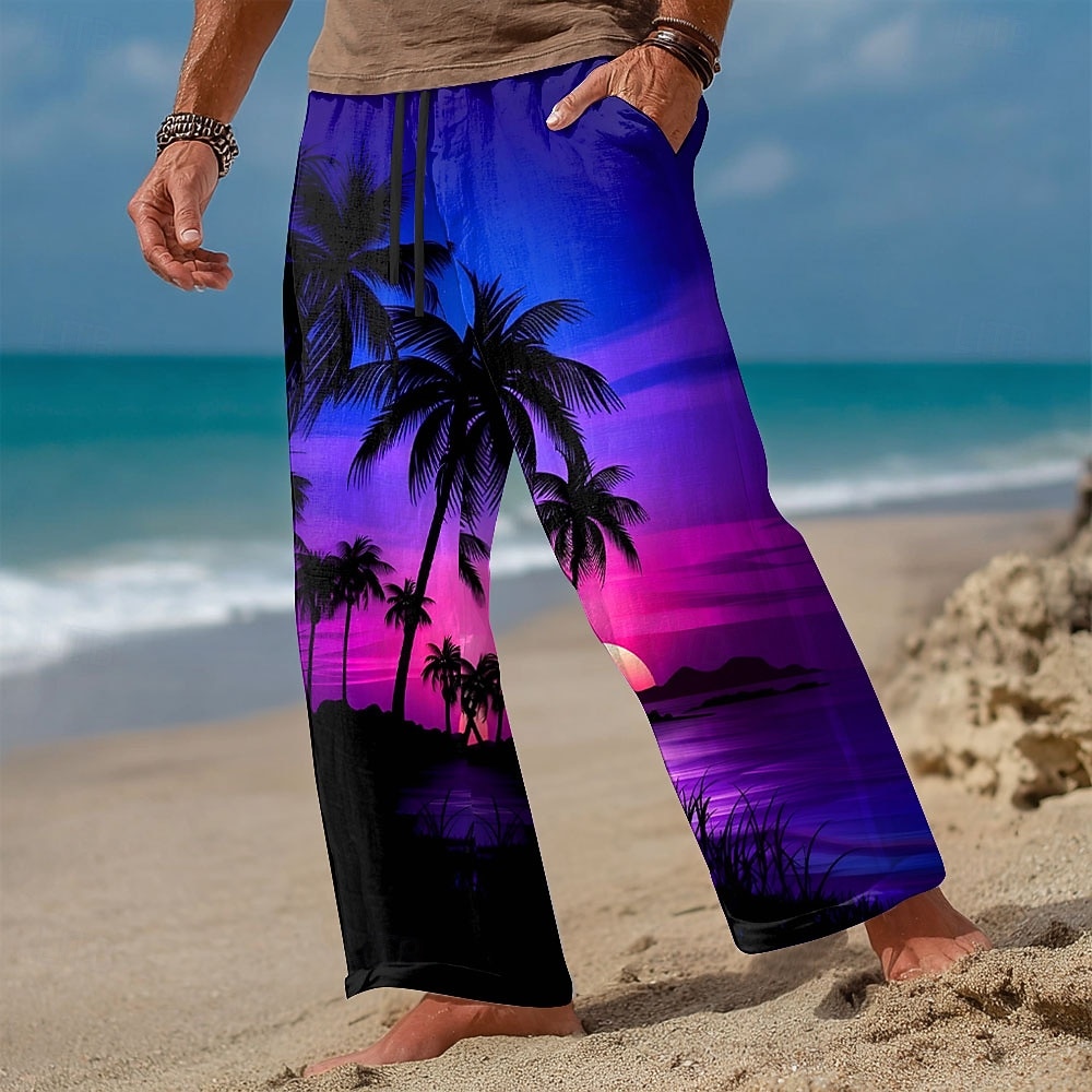 Miesten Kookospuu Auringonlasku Trooppiset kasvit Housut Rennot housut Roikkuvat housut Keskivyötärö Havaijilainen ulko- Loma Ranta-asut Joustava kiristysnyöri vyötäröllä Pellavamaiset housut 2026 - $27.99 –P1