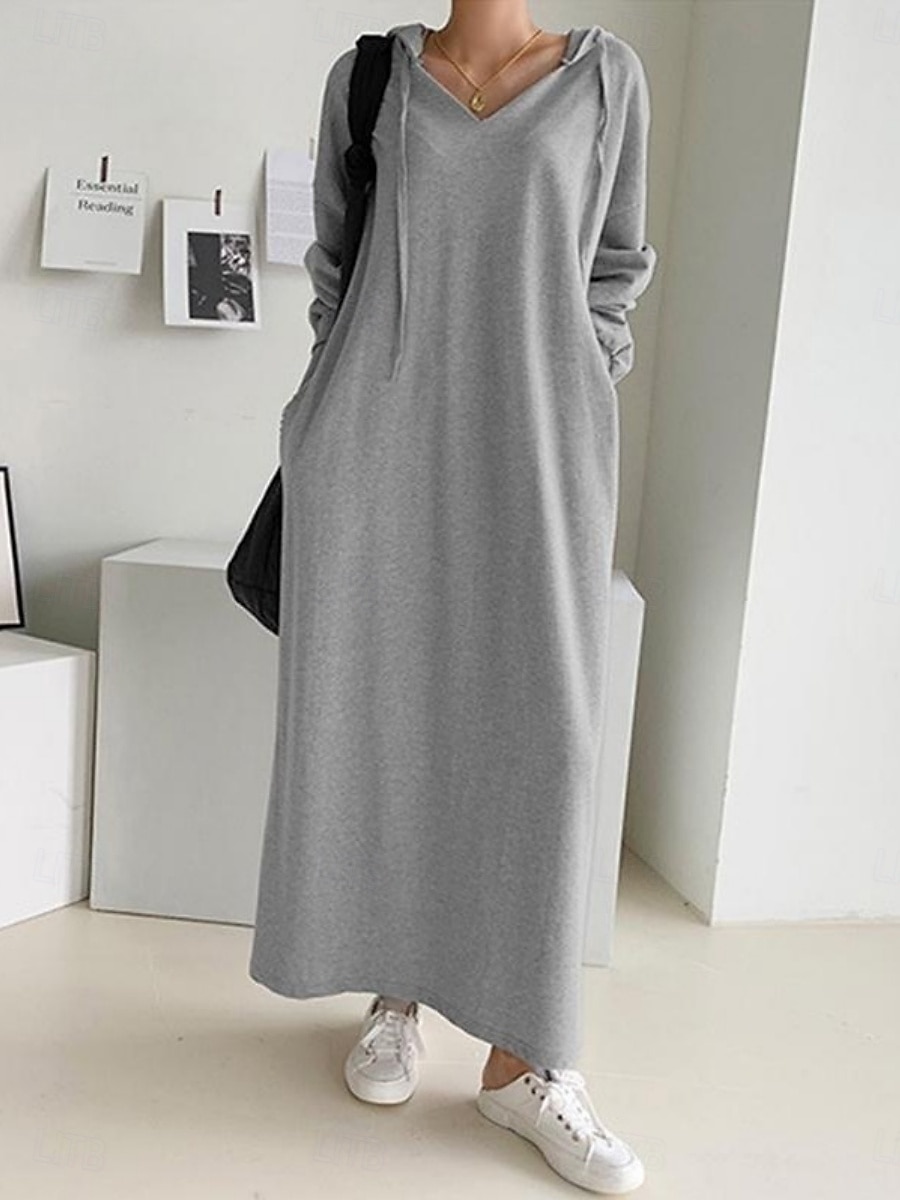 Per donna Abito maxi Abito a Tubino Casual Quotidiano Vestibilità comoda Semplice Manica Lunga Con Cappuccio Nero Marrone chiaro Grigio Primavera Autunno Inverno del 2026 a $25.99 –P8