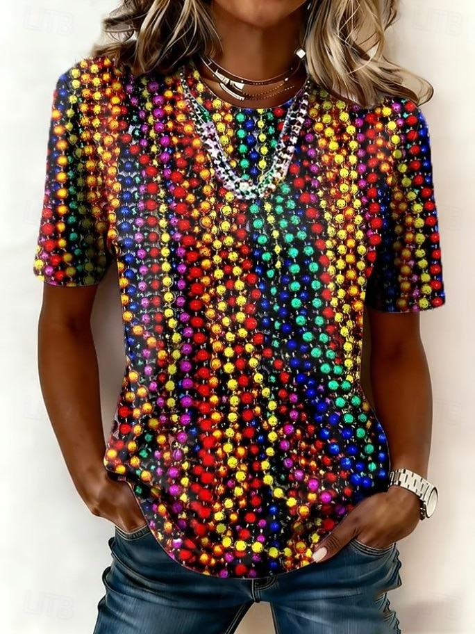 Karneval Mardi Gras Dámské Tričko Tisk Grafika Vinobraní Módní stylové Krátký rukáv Tričkový Běžné topy Denní Černá a červená Bílá Žlutá Světle zelená Fialová Léto Jaro 2026 - $22.99 –P7