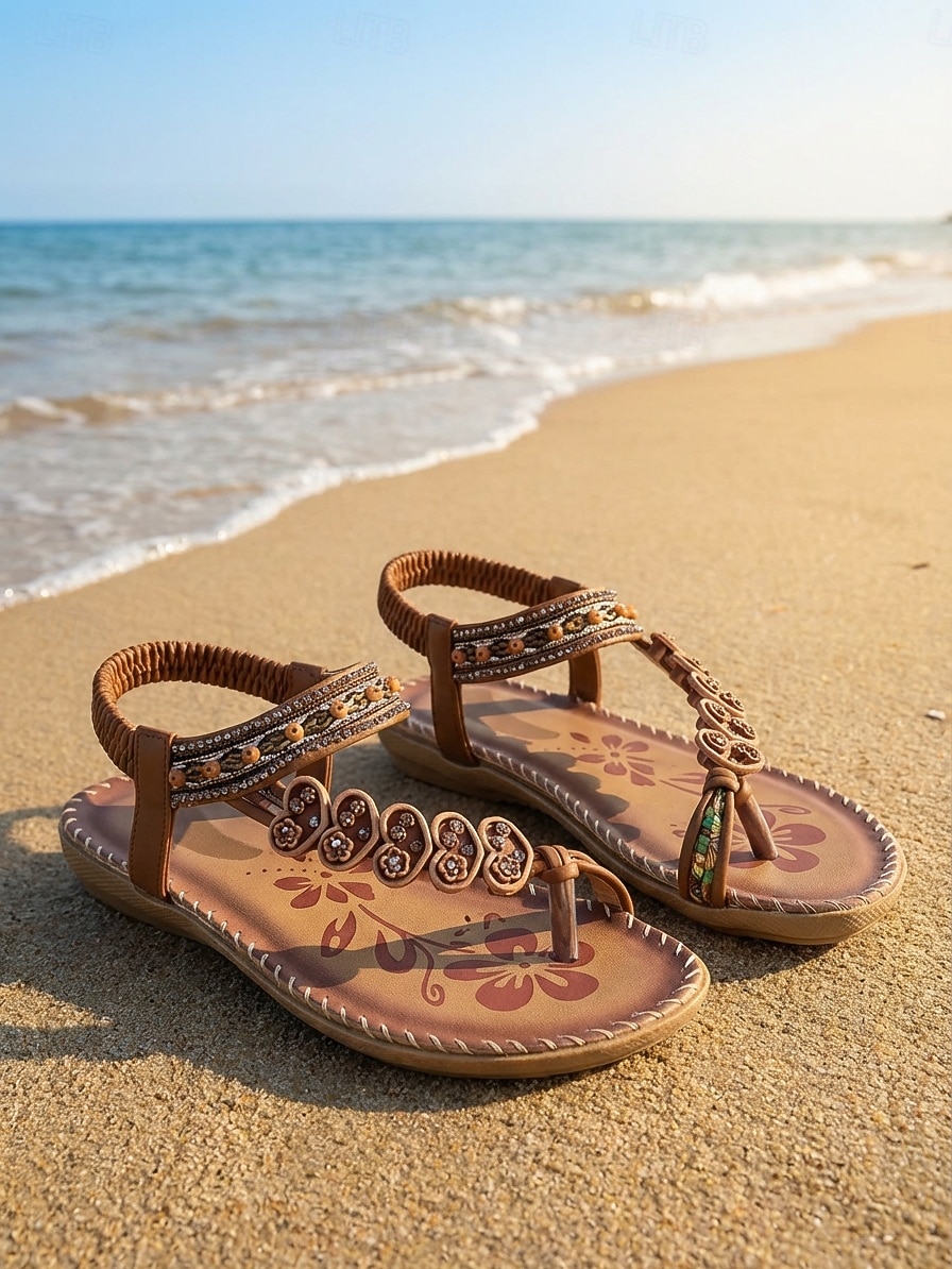 damskie sandały w stylu boho z koralikami - ręcznie robione płaskie sandały zdobione kwiatowymi motywami na lato, plażę i na co dzień 2026 - $26.99 –P1