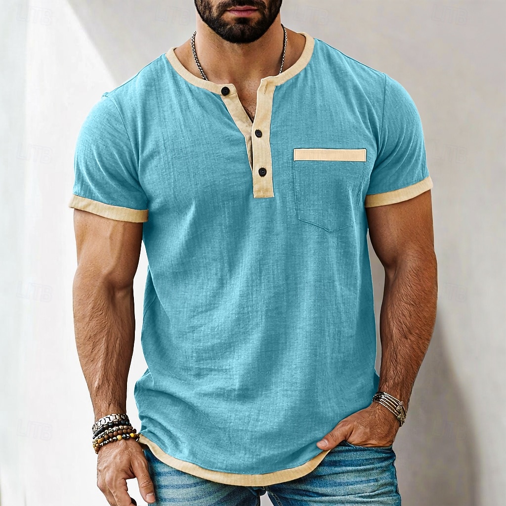 Heren T-shirt Henley-shirt T-shirts Shirt met korte mouwen Korte mouw Henley Zomer Lente Lente zomer Kleurenblok Effen Modieus Ontwerper Basic Zak Vakantie Straat Uitgaan Zwart Blauw Blozend Roze Top 2026 - $21.99 –P11